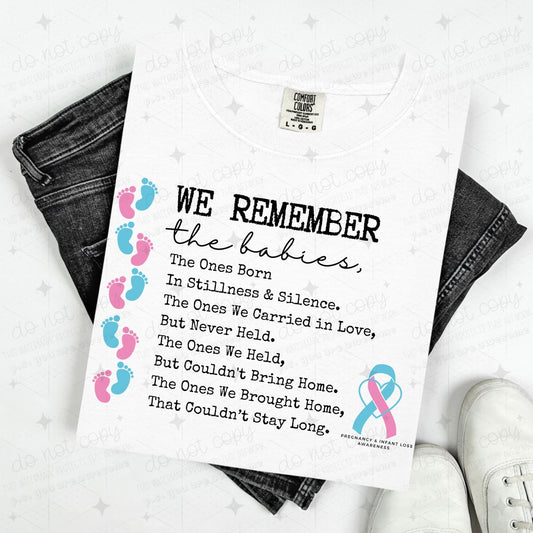 WE REMEMBER THE BABIES - BLACK TEXT + PINK/BLUE FOOTPRINTS