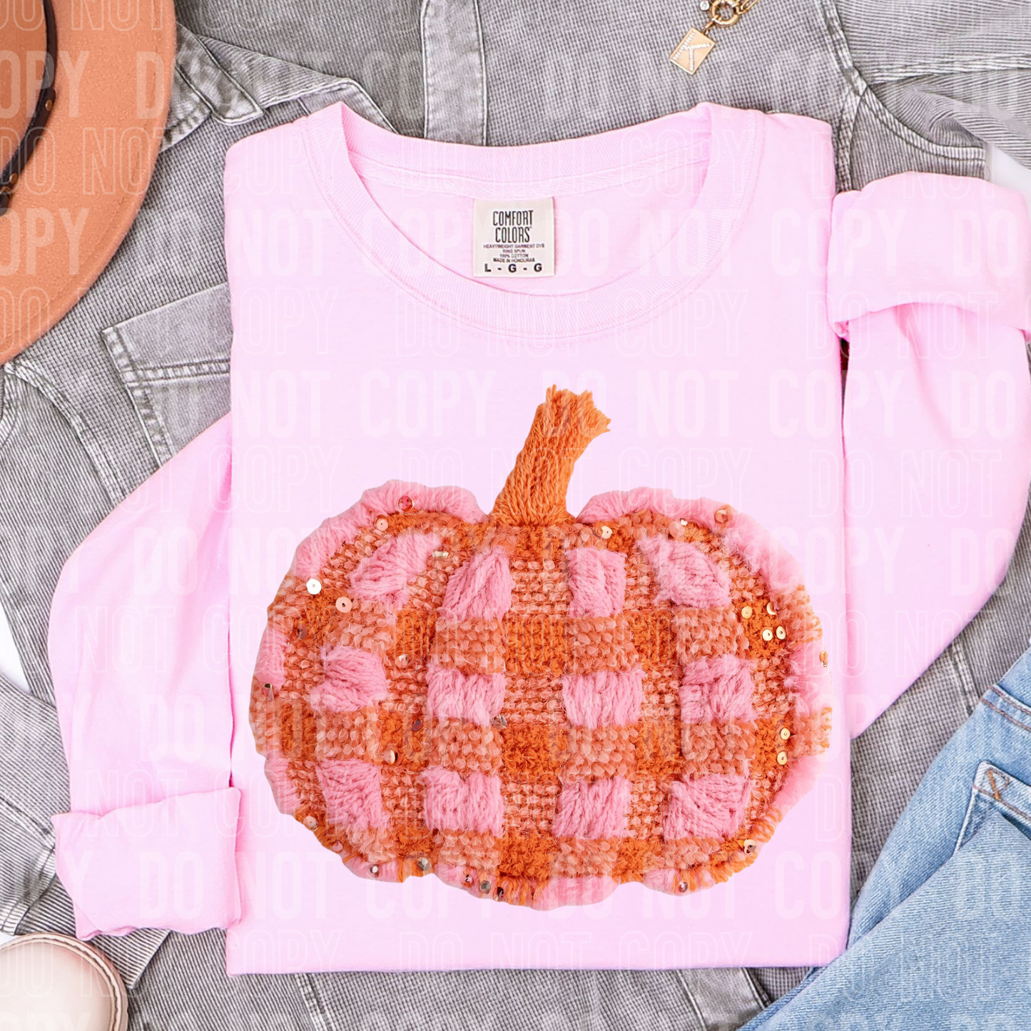 PINK AND ORANGE PLAID PUMPKIN - FAUX YARN/FAUX SEQUIN