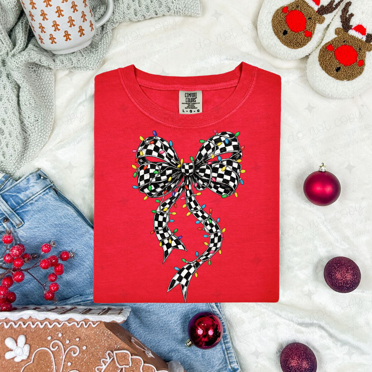 COQUETTE CHECKERED BOW WITH CHRISTMAS LIGHTS