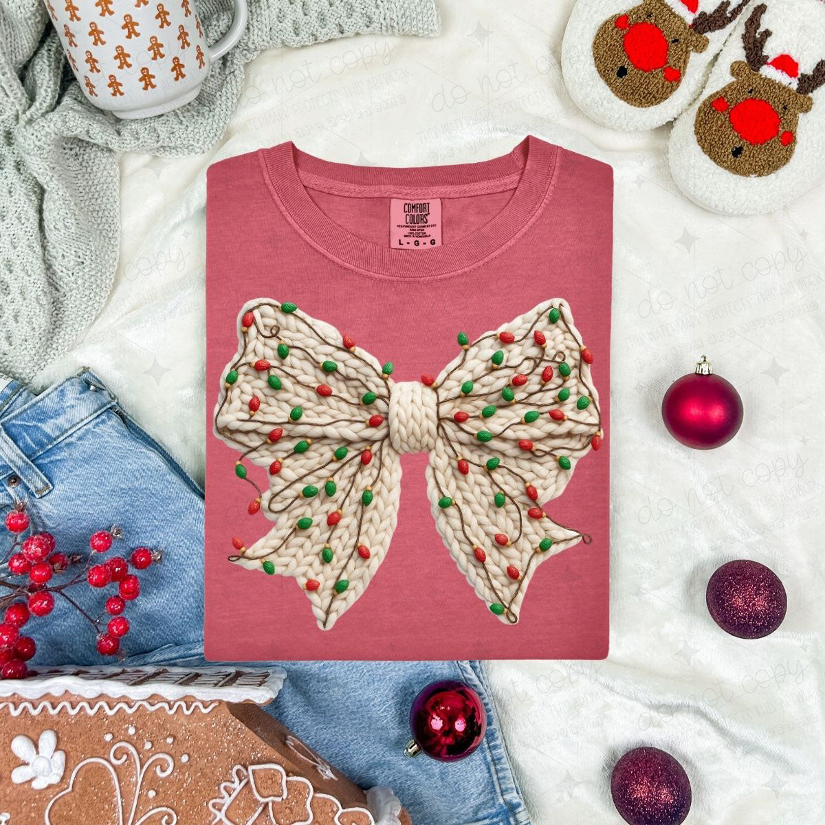 COQUETTE RED AND GREEN CHRISTMAS LIGHTS BOW *FAUX YARN*