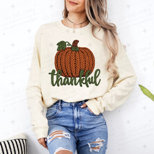 THANKFUL WITH A PUMPKIN - FAUX YARN -*GILDAN SOFT STYLE ONLY*