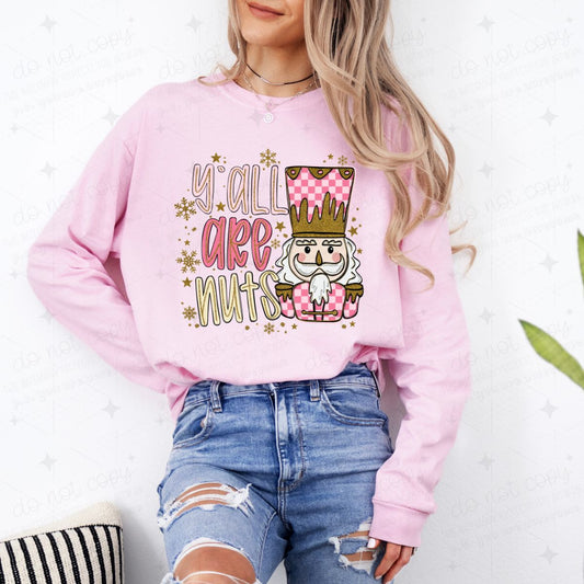Y'ALL ARE NUTS - PINK + GOLD CHECKERED NUTCRACKER - FAUX GLITTER -*GILDAN SOFT STYLE ONLY*