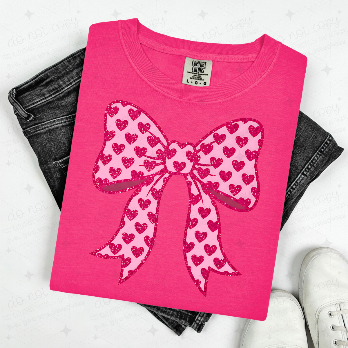 COQUETTE PINK GLITTER HEARTS BOW - FAUX GLITTER