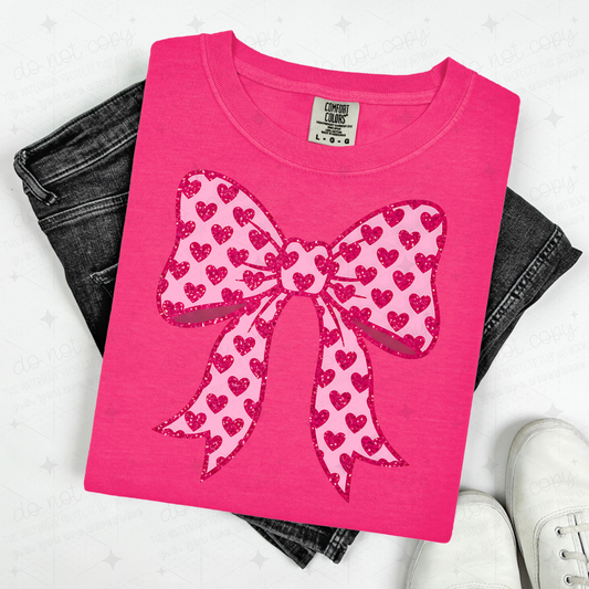 COQUETTE PINK GLITTER HEARTS BOW - FAUX GLITTER