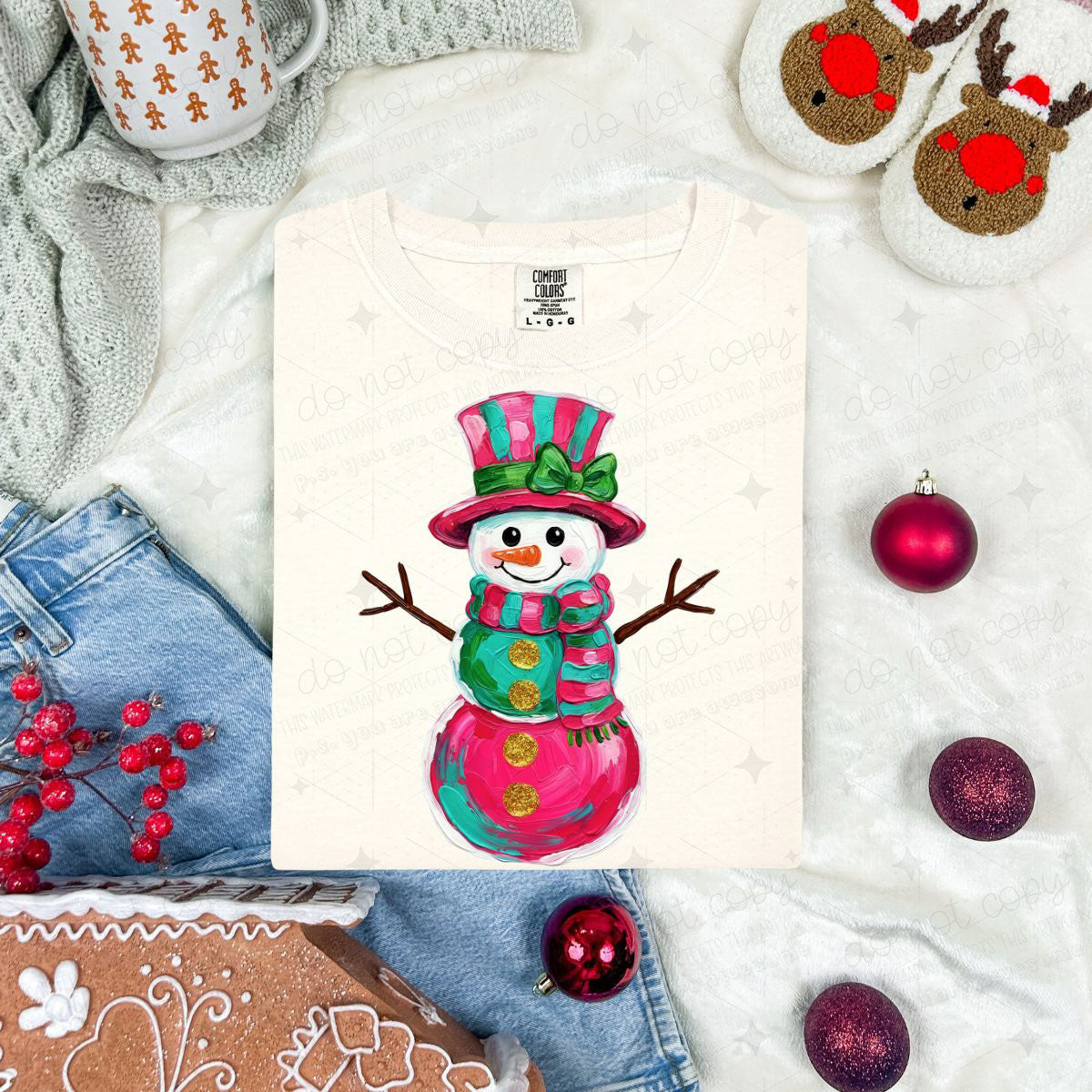 PINK AND GREEN PAINTED SNOWMAN