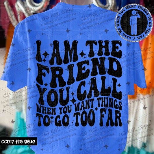 I AM THE FRIEND YOU CALL WHEN YOU WANT THINGS TO GO TOO FAR