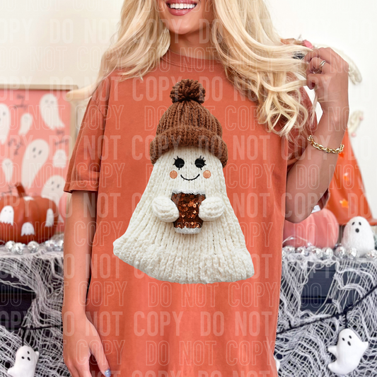 BROWN HAT GHOST WITH COFFEE - FAUX YARN/FAUX SEQUIN