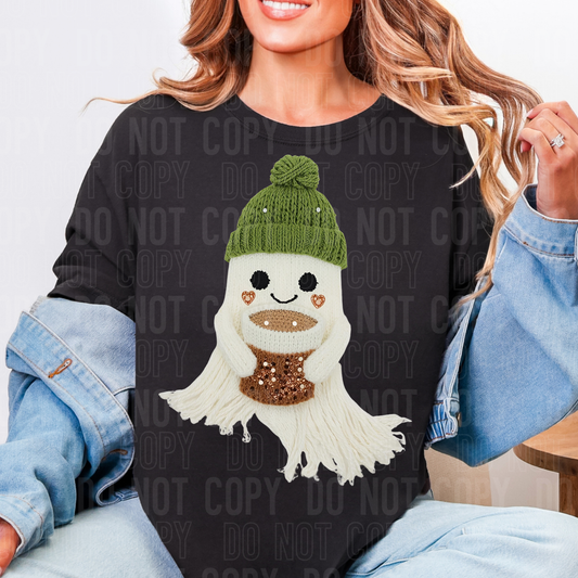 GREEN HAT GHOST WITH COFFEE - FAUX YARN/FAUX SEQUIN