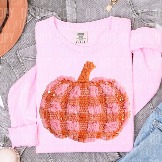 PINK AND ORANGE PLAID PUMPKIN - FAUX YARN/FAUX SEQUIN