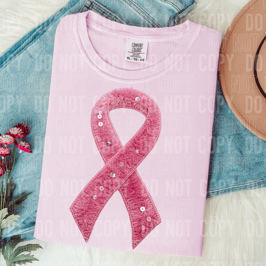 PINK CANCER RIBBON - FAUX YARN/FAUX SEQUIN